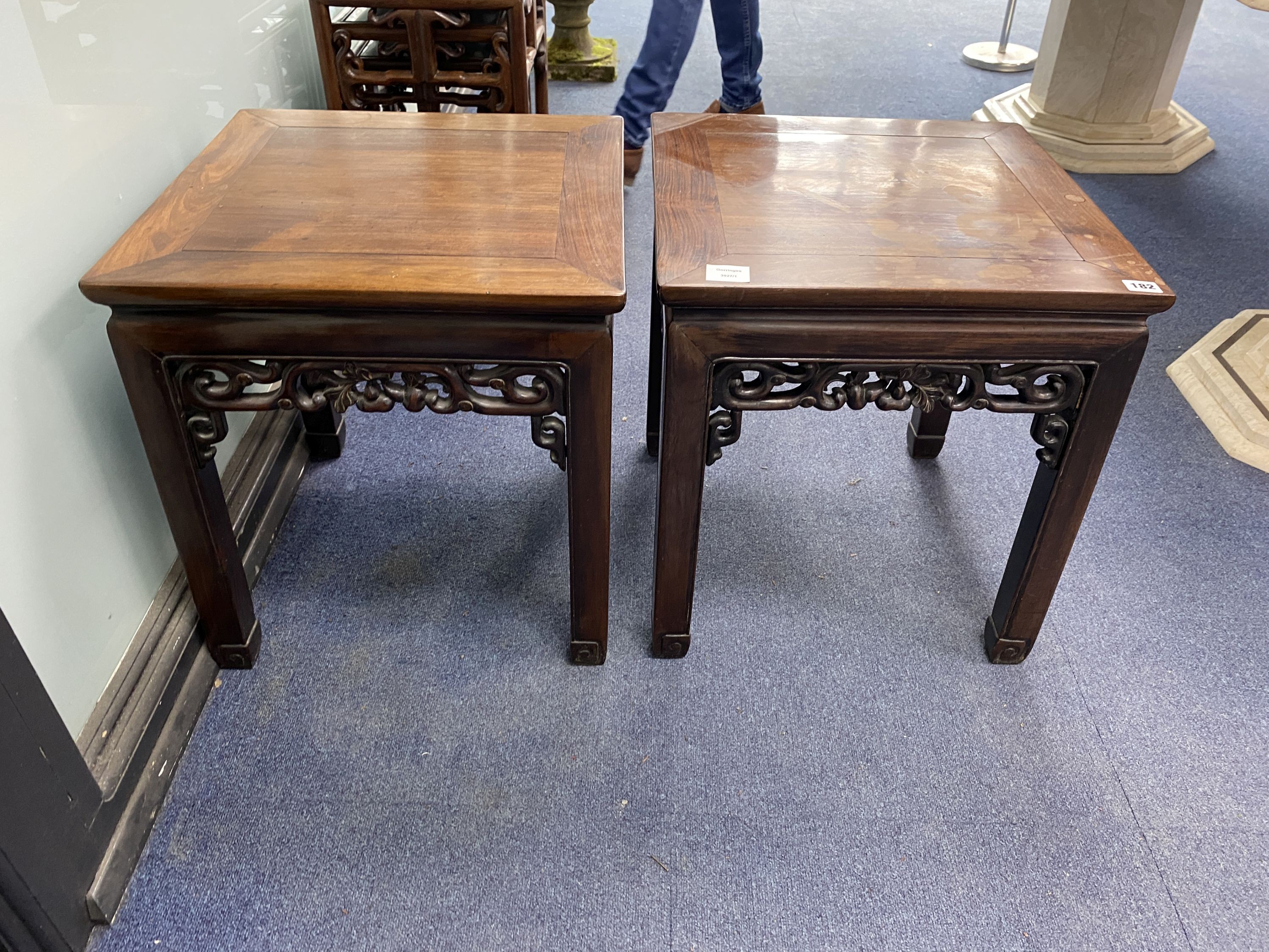A pair of Chinese hardwood square top tables, 48cm, height 51cm
